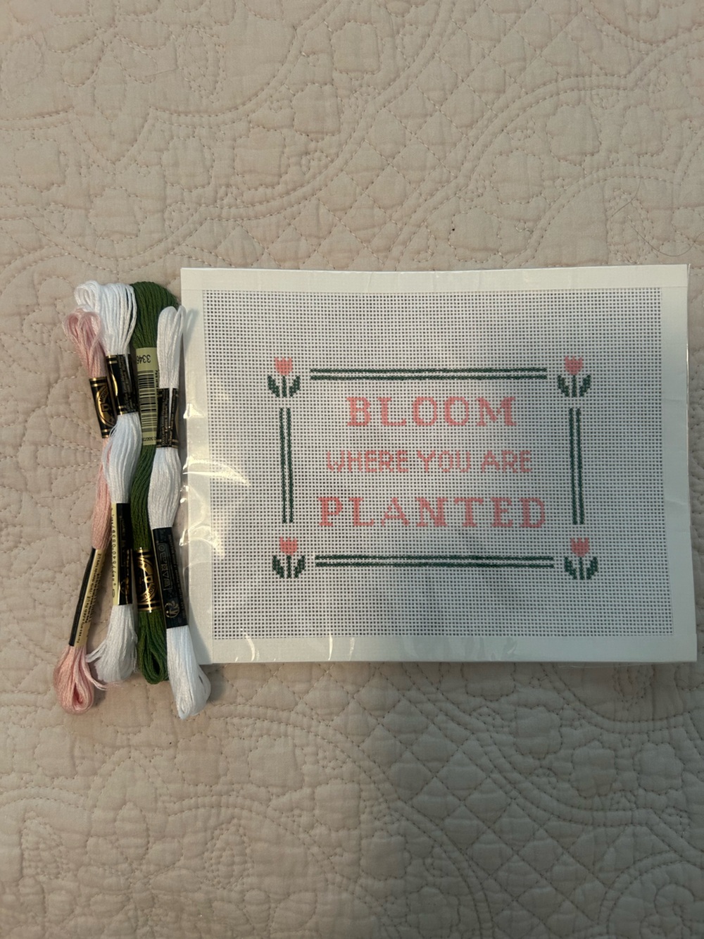 Hand painted needlepoint canvas Bloom Where You Are Planted- with yarn
